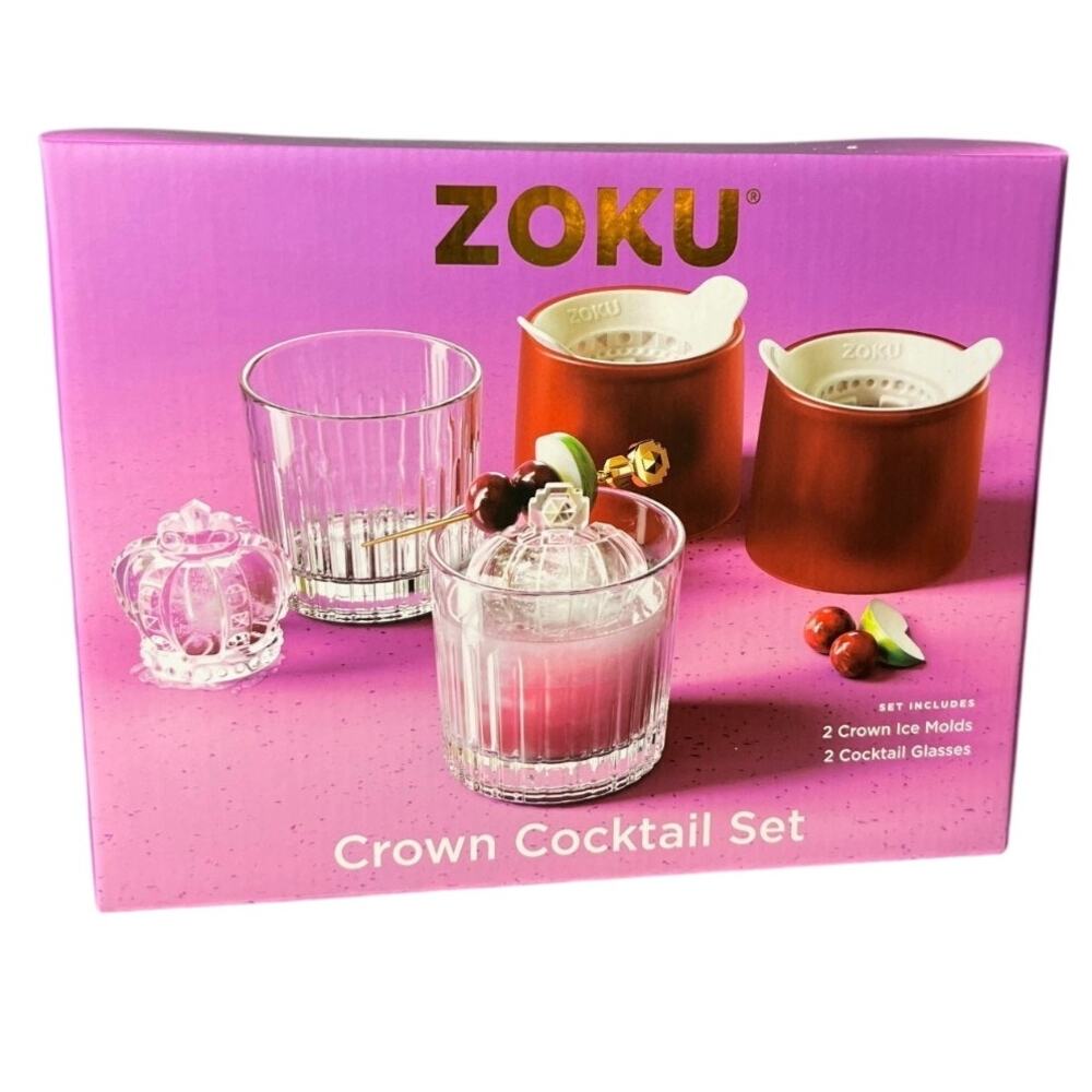 Zoku ZK185 Crown Cocktail Set W/ Large Ice Cube Molds & Glasses NIB